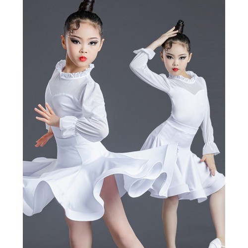 Children white Latin ballroom dance dresses Standard regulation competition dress Girls practice Latin costume suits